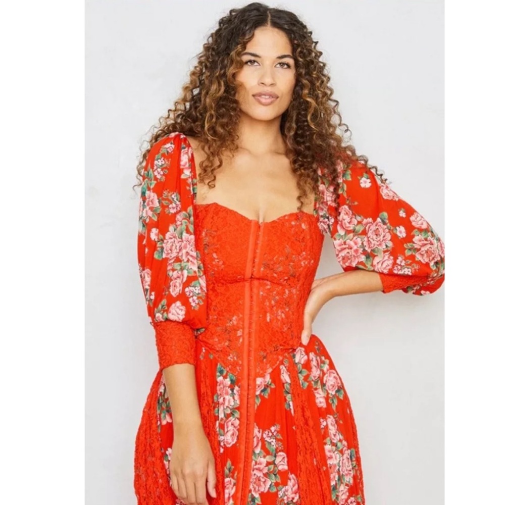 New We are HAH fairy Boho Maiden Memphis Dress Midi Floral Red lace Corset M